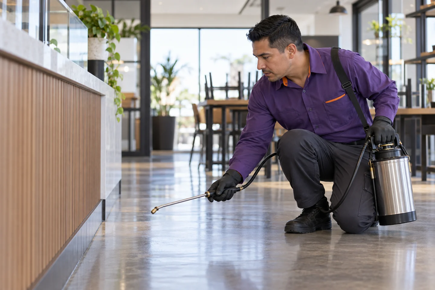 Fotografía ilustrativa de un técnico de control de plagas realizando una inspección